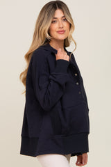 Navy Snap Front Button Maternity Hoodie