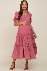 Mauve Smocked Puff Sleeve Tiered Maternity Midi Dress