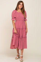 Mauve Smocked Puff Sleeve Tiered Maternity Midi Dress