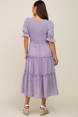 Lavender Smocked Puff Sleeve Tiered Maternity Midi Dress