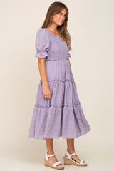 Lavender Smocked Puff Sleeve Tiered Midi Dress