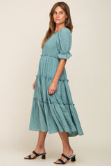 Teal Smocked Puff Sleeve Tiered Midi Dress