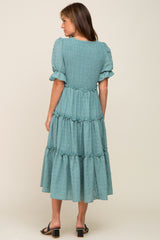 Teal Smocked Puff Sleeve Tiered Midi Dress