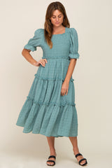 Teal Smocked Puff Sleeve Tiered Midi Dress