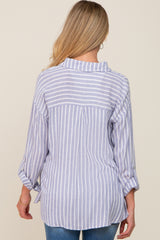 Blue Striped Button Up Rolled Sleeve Maternity Top