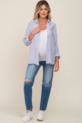 Blue Striped Button Up Rolled Sleeve Maternity Top