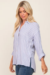 Blue Striped Button Up Rolled Sleeve Top