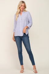 Blue Striped Button Up Rolled Sleeve Top