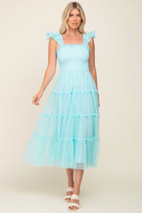 Aqua Smocked Mesh Ruffle Accent Midi Dress