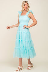 Aqua Smocked Mesh Ruffle Accent Midi Dress