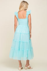 Aqua Smocked Mesh Ruffle Accent Midi Dress