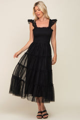 Black Smocked Mesh Ruffle Accent Midi Dress