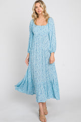 Blue Floral Square Neck 3/4 Sleeve Midi Dress