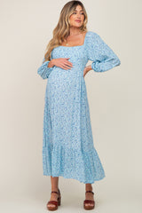 Blue Floral Square Neck 3/4 Sleeve Maternity Midi Dress