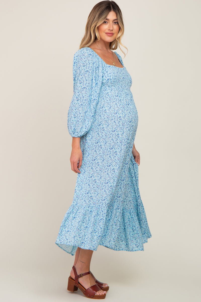 Blue Floral Square Neck 3/4 Sleeve Maternity Midi Dress – PinkBlush