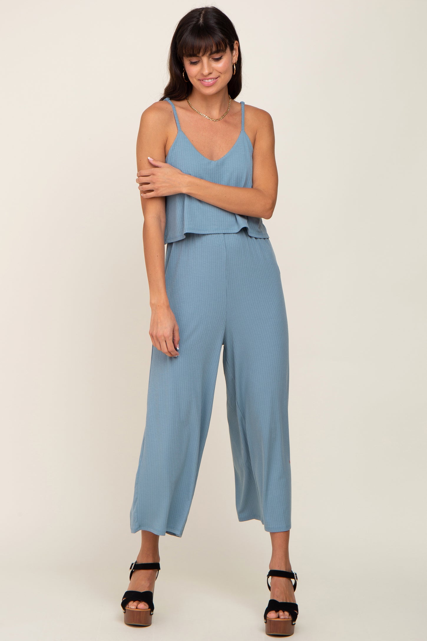 Blue Ribbed Double Layer Cropped Maternity Jumpsuit– PinkBlush