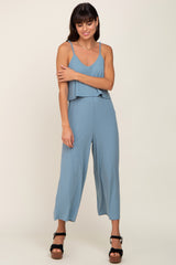 Blue Ribbed Double Layer Cropped Maternity Jumpsuit