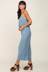 Blue Ribbed Double Layer Cropped Jumpsuit