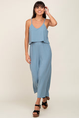 Blue Ribbed Double Layer Cropped Jumpsuit