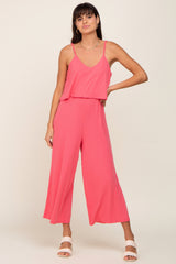 Pink Ribbed Double Layer Cropped Maternity Jumpsuit