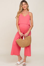 Pink Ribbed Double Layer Cropped Maternity Jumpsuit