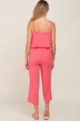 Pink Ribbed Double Layer Cropped Maternity Jumpsuit