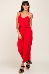 Red Ribbed Double Layer Cropped Jumpsuit