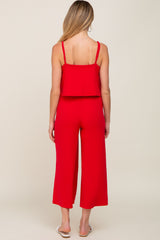 Red Ribbed Double Layer Cropped Maternity Jumpsuit