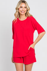 Red Pocket Front Maternity Pajama Short Set