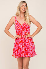 Red Floral Chiffon Open Lace-Up Back Sleeveless Dress