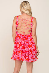 Red Floral Chiffon Open Lace-Up Back Sleeveless Dress