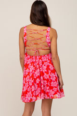 Red Floral Chiffon Open Lace-Up Back Sleeveless Maternity Dress