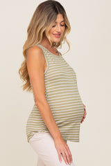 Light Olive Sleeveless Striped Pocket Front Maternity Top