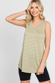 Light Olive Sleeveless Striped Pocket Front Top