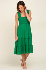 Green Smocked Square Neck Ruffle Strap Tiered Midi Dress