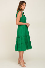 Green Smocked Square Neck Ruffle Strap Tiered Midi Dress