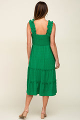 Green Smocked Square Neck Ruffle Strap Tiered Midi Dress