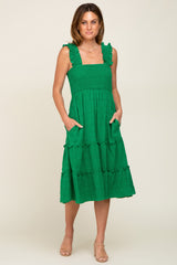 Green Smocked Square Neck Ruffle Strap Tiered Midi Dress