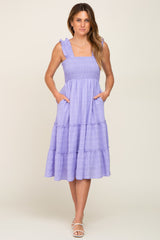 Lavender Smocked Square Neck Ruffle Strap Tiered Midi Dress