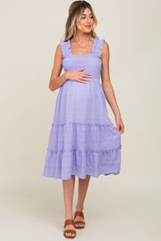 Lavender Smocked Square Neck Ruffle Strap Tiered Maternity Midi Dress