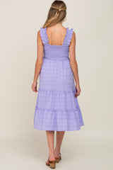 Lavender Smocked Square Neck Ruffle Strap Tiered Maternity Midi Dress