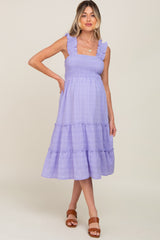 Lavender Smocked Square Neck Ruffle Strap Tiered Maternity Midi Dress