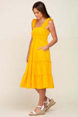 Yellow Smocked Square Neck Ruffle Strap Tiered Midi Dress