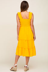 Yellow Smocked Square Neck Ruffle Strap Tiered Midi Dress