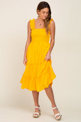 Yellow Smocked Square Neck Ruffle Strap Tiered Midi Dress