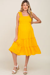 Yellow Smocked Square Neck Ruffle Strap Tiered Maternity Midi Dress