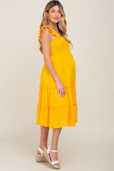 Yellow Smocked Square Neck Ruffle Strap Tiered Maternity Midi Dress