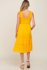 Yellow Smocked Square Neck Ruffle Strap Tiered Maternity Midi Dress