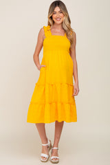 Yellow Smocked Square Neck Ruffle Strap Tiered Maternity Midi Dress