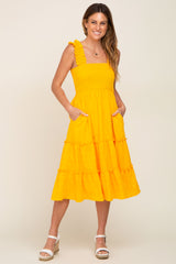 Yellow Smocked Square Neck Ruffle Strap Tiered Maternity Midi Dress